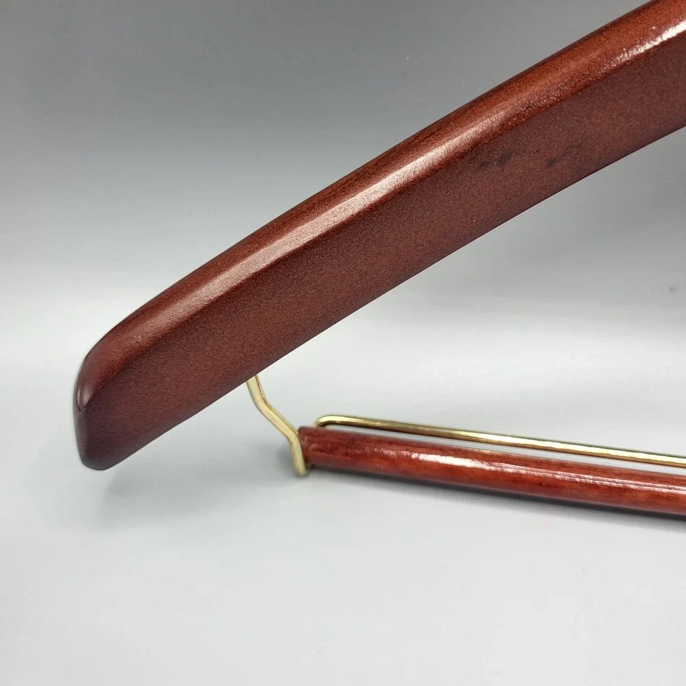Vintage Set Of 3 Macys Wooden Suit Hangers With Gold Metal Hooks & Trouser Bar